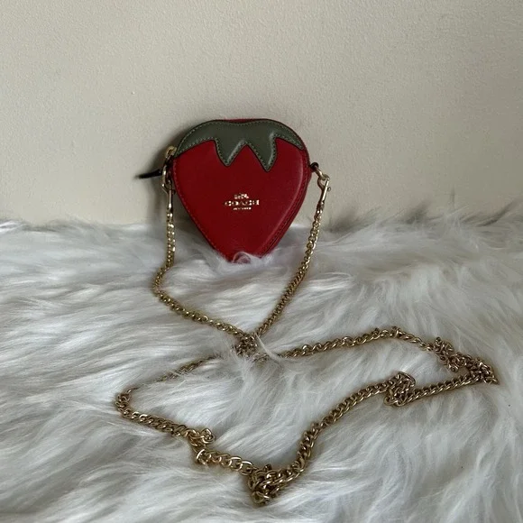 Coach Strawberry Coin Purse Crossbody Bag Red Leather Gold Chain Novelty Mini - Picture 2 of 9